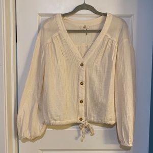 Cream Tie-Front Waist Blouse